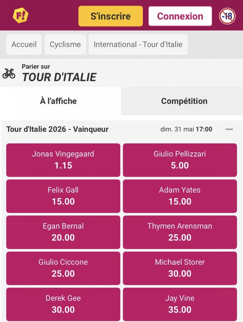 cotes tour d'italie 2026