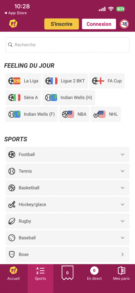 Les sports sur l'app feelingbet Android
